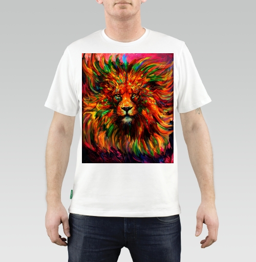 Мужская футболка с рисунком Лев красочный 184212, цвет белый, материал - 100% хлопок высшее качество - купить в интернет-магазине Мэриджейн в Москве и СПБ