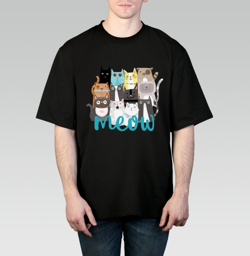 Мужская футболка оверсайз с рисунком Многокотов 143376, размер 46 (S) &mdash; 58 (4XL), цвет чёрный, материал - 100% хлопок высшее качество - купить в интернет-магазине Мэриджейн в Москве и СПБ