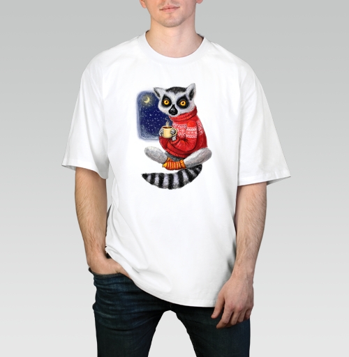 Мужская футболка оверсайз с рисунком Уютный лемур 163773, размер 46 (S) &mdash; 58 (4XL), цвет белый, материал - 100% хлопок высшее качество - купить в интернет-магазине Мэриджейн в Москве и СПБ