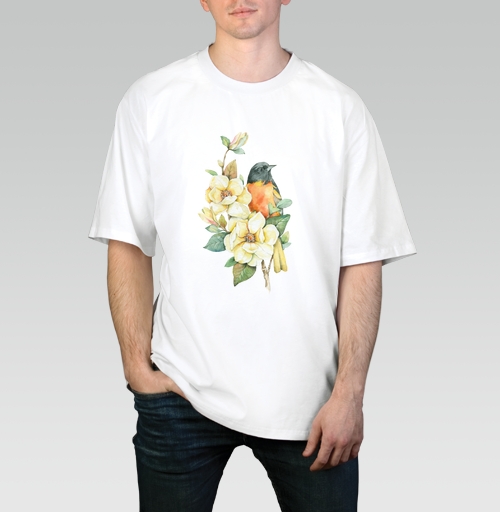 Мужская футболка оверсайз с рисунком Ветка магнолии 183849, размер 46 (S) &mdash; 58 (4XL), цвет белый, материал - 100% хлопок высшее качество - купить в интернет-магазине Мэриджейн в Москве и СПБ