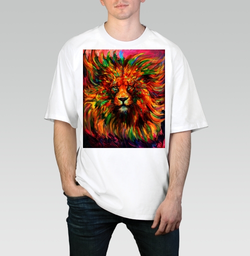 Мужская футболка оверсайз с рисунком Лев красочный 184212, размер 46 (S) &mdash; 58 (4XL), цвет белый, материал - 100% хлопок высшее качество - купить в интернет-магазине Мэриджейн в Москве и СПБ