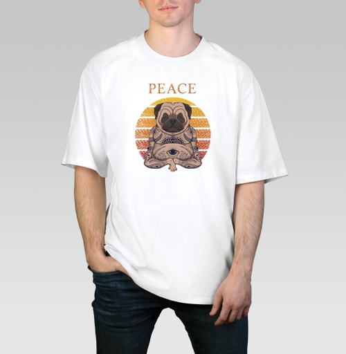 Мужская футболка оверсайз с рисунком Медитирующий мопс 184293, размер 46 (S) &mdash; 58 (4XL), цвет белый, материал - 100% хлопок высшее качество - купить в интернет-магазине Мэриджейн в Москве и СПБ