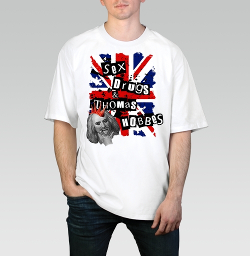 Мужская футболка оверсайз с рисунком SEX DRUGS THOMAS HOBBES 50769, размер 46 (S) &mdash; 58 (4XL), цвет белый, материал - 100% хлопок высшее качество - купить в интернет-магазине Мэриджейн в Москве и СПБ