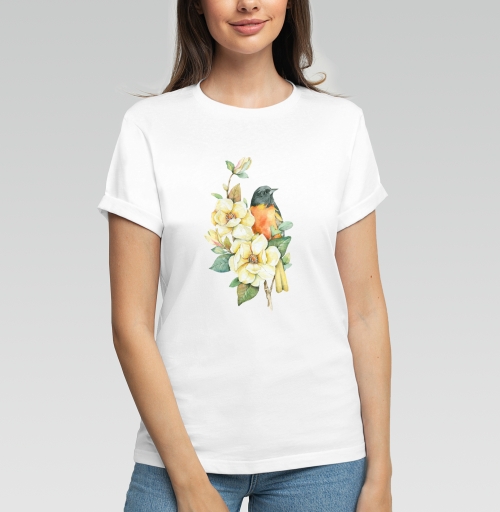 Женская футболка с рисунком Ветка магнолии 183849, размер 40 (XS) &mdash; 48 (XL), цвет белый, материал - 100% хлопок высшее качество - купить в интернет-магазине Мэриджейн в Москве и СПБ