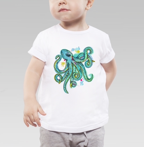Детская футболка с рисунком Бирюзовый осьминог 184508, размер 2-3года (98) &mdash; 2года (92), цвет белый - купить в интернет-магазине Мэриджейн в Москве и СПБ