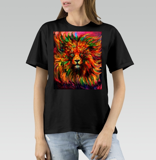 Женская футболка с рисунком Лев красочный 184212, цвет чёрный, материал - 100% хлопок высшее качество - купить в интернет-магазине Мэриджейн в Москве и СПБ