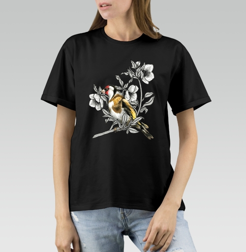 Женская футболка с рисунком Щегол 184711, размер 40 (XS) &mdash; 48 (XL), цвет чёрный, материал - 100% хлопок высшее качество - купить в интернет-магазине Мэриджейн в Москве и СПБ