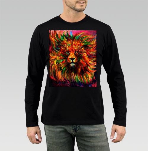 Мужская футболка с рисунком Лев красочный 184212, размер 44 (XS) &mdash; 58 (4XL), цвет чёрный, материал - 100% хлопок высшее качество - купить в интернет-магазине Мэриджейн в Москве и СПБ