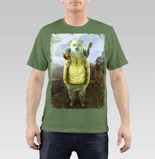 Мужская футболка с рисунком В поход 104738, размер 44 (XS) &mdash; 38 (XXS), цвет оливковый, материал - 100% хлопок высшее качество - купить в интернет-магазине Мэриджейн в Москве и СПБ