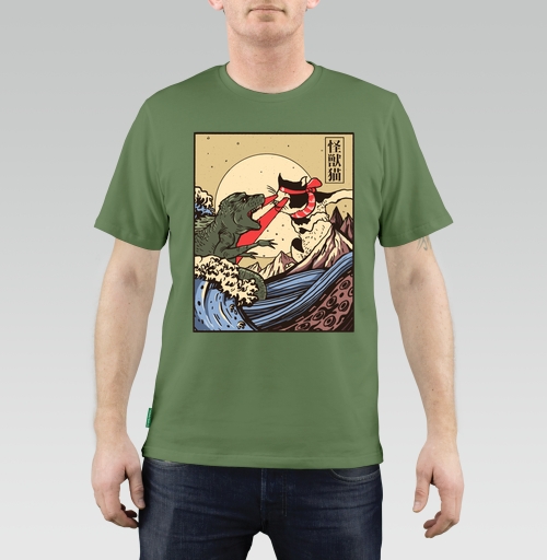 Мужская футболка с рисунком Котзилла против Кайдзю 183380, размер 44 (XS) &mdash; 38 (XXS), цвет оливковый, материал - 100% хлопок высшее качество - купить в интернет-магазине Мэриджейн в Москве и СПБ