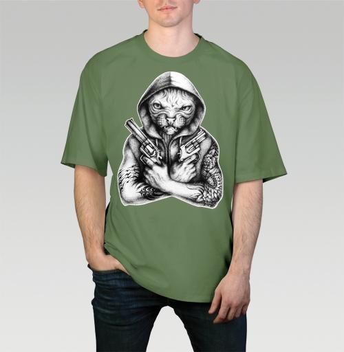 Мужская футболка оверсайз с рисунком Грозный сфинкс 150456, размер 46 (S) &mdash; 58 (4XL), цвет оливковый, материал - 100% хлопок высшее качество - купить в интернет-магазине Мэриджейн в Москве и СПБ