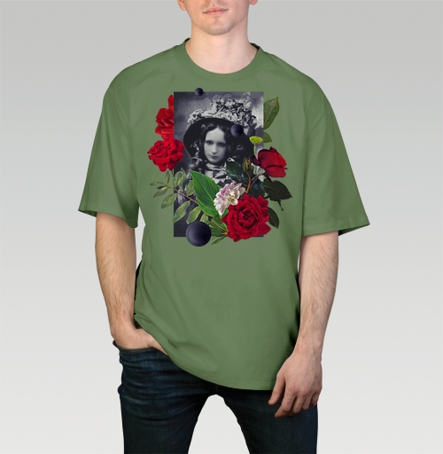 Мужская футболка оверсайз с рисунком Аленький цветочек 167846, размер 46 (S) &mdash; 58 (4XL), цвет оливковый, материал - 100% хлопок высшее качество - купить в интернет-магазине Мэриджейн в Москве и СПБ