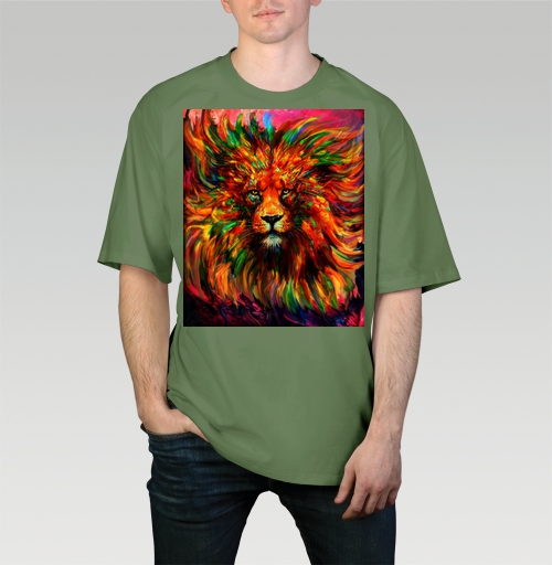 Мужская футболка оверсайз с рисунком Лев красочный 184212, цвет оливковый, материал - 100% хлопок высшее качество - купить в интернет-магазине Мэриджейн в Москве и СПБ