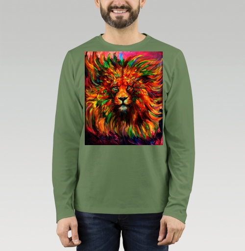 Мужская футболка с рисунком Лев красочный 184212, цвет оливковый, материал - 100% хлопок высшее качество - купить в интернет-магазине Мэриджейн в Москве и СПБ