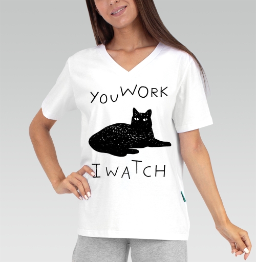 Женская футболка с рисунком Ты работаешь- я наблюдаю... 164411, размер 38 (XXS) &mdash; 56 (5XL), цвет белый - купить в интернет-магазине Мэриджейн в Москве и СПБ