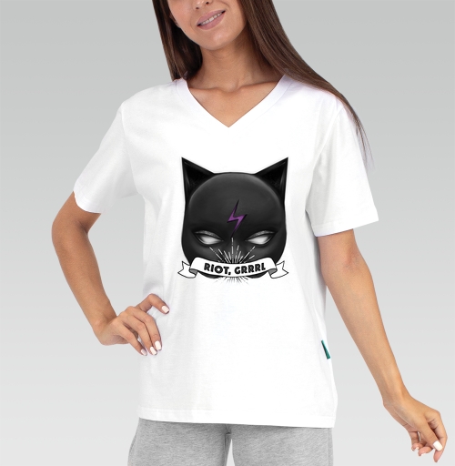 Женская футболка с рисунком Бунтуй девочка женщина кошка 182793, размер 38 (XXS) &mdash; 56 (5XL), цвет белый - купить в интернет-магазине Мэриджейн в Москве и СПБ