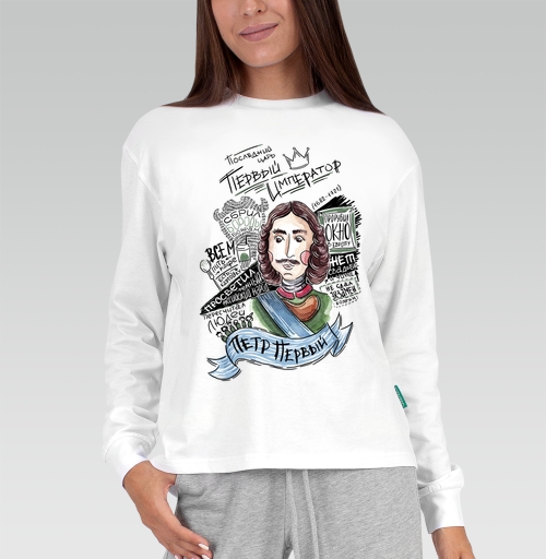 Женская футболка с рисунком Петр Первый 151841, размер 40 (XS) &mdash; 54 (4XL), цвет бело-серый, материал - 100% хлопок высшее качество - купить в интернет-магазине Мэриджейн в Москве и СПБ