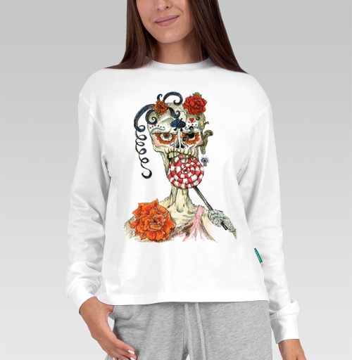 Женская футболка с рисунком Зомби шуга-скалл 180672, размер 40 (XS) &mdash; 54 (4XL), цвет бело-серый, материал - 100% хлопок высшее качество - купить в интернет-магазине Мэриджейн в Москве и СПБ