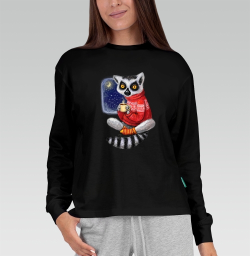 Женская футболка с рисунком Уютный лемур 163773, размер 40 (XS) &mdash; 54 (4XL), цвет чёрный, материал - 100% хлопок высшее качество - купить в интернет-магазине Мэриджейн в Москве и СПБ