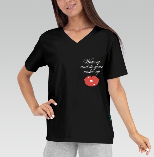 Женская футболка с рисунком Просыпайся и делай макияж 139549, размер 38 (XXS) &mdash; 56 (5XL), цвет чёрный - купить в интернет-магазине Мэриджейн в Москве и СПБ