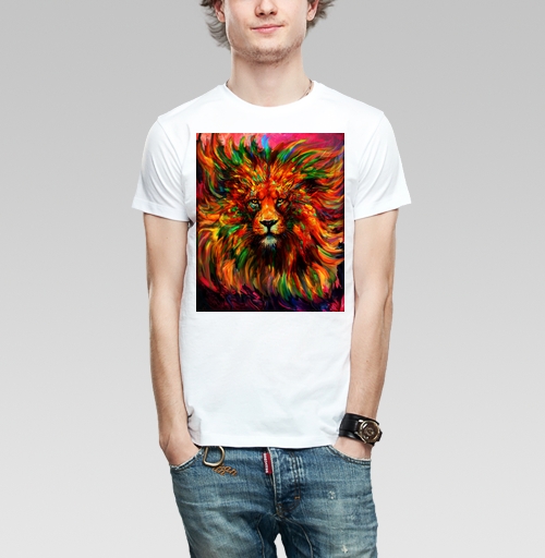 Мужская футболка с рисунком Лев красочный 184212, цвет белый, материал - 100% хлопок - купить в интернет-магазине Мэриджейн в Москве и СПБ