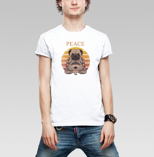 Мужская футболка с рисунком Медитирующий мопс 184293, размер 46 (S) &mdash; 44 (XS), цвет белый, материал - 100% хлопок - купить в интернет-магазине Мэриджейн в Москве и СПБ