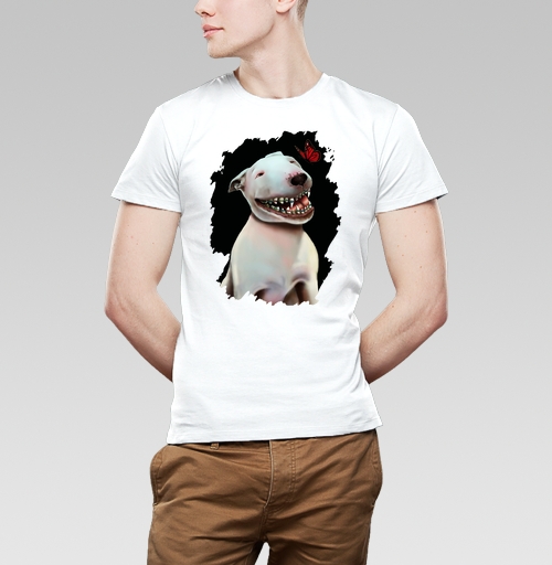 Мужская футболка с рисунком Жизнерадостный бультерьер 81440, размер 46 (S) &mdash; 44 (XS), цвет белый, материал - 100% хлопок - купить в интернет-магазине Мэриджейн в Москве и СПБ
