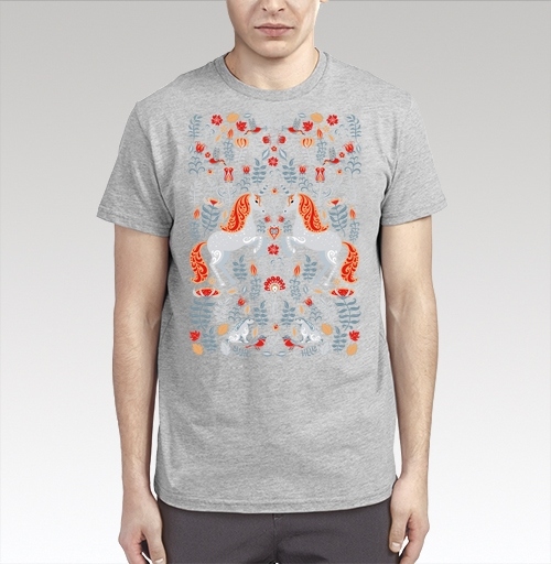 Фотография футболки Орнамент с единорогами, зайчиками, птицами и цветами.