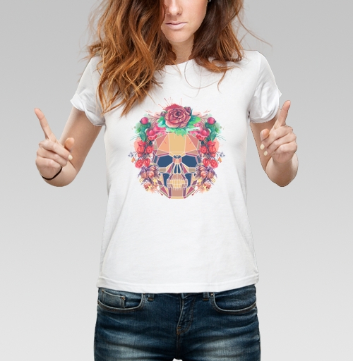 Фотография футболки Polygonal human skull and watercolor wreath.Los muertos. 