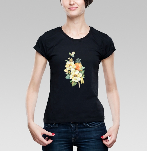 Женская футболка с рисунком Ветка магнолии 183849, размер 40 (XS) &mdash; 50 (2XL), цвет чёрный - купить в интернет-магазине Мэриджейн в Москве и СПБ