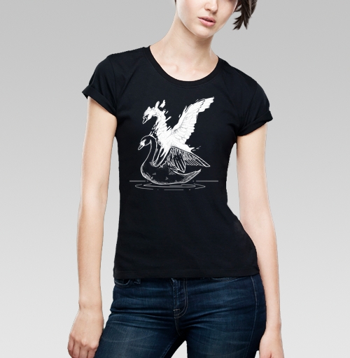 Женская футболка с рисунком Лебеди черный и белый 183975, размер 42 (S) &mdash; 52 (3XL), цвет чёрный - купить в интернет-магазине Мэриджейн в Москве и СПБ
