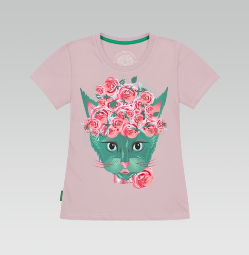 Фотография футболки Кошка с кустом роз и стайкой стрекоз