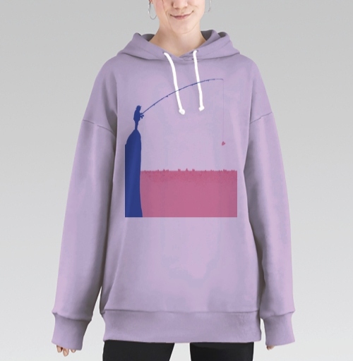 Фотография футболки Рыбак ловит сердце на скале голубой и розовый цвет