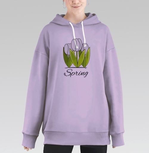 Фотография футболки Белые тюльпаны и зелёные листья весна надпись Spring