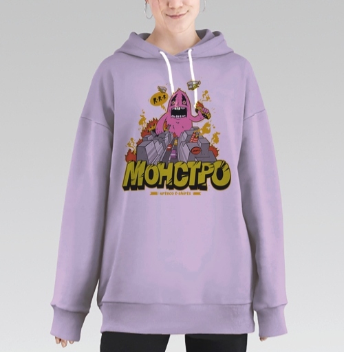 Фотография футболки Энергичный Pink Monster / Розовый монстр рушит серый город и мегаполис в огне