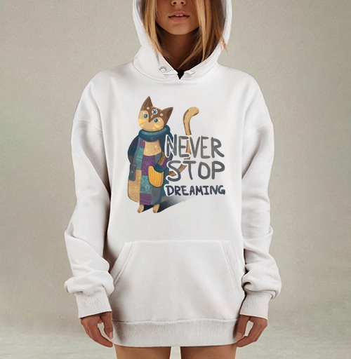 Фотография футболки Яркая вдохновляющая стилизованная кошка NEVER STOP DREAMING
