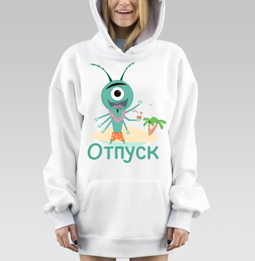 Фотография футболки Весёлый зелёный циклоп отдыхает на острове под пальмой в отпуск