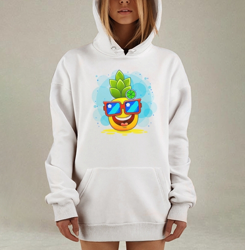 Фотография футболки Веселый ананас в очках с лаймом над головой на сером фоне