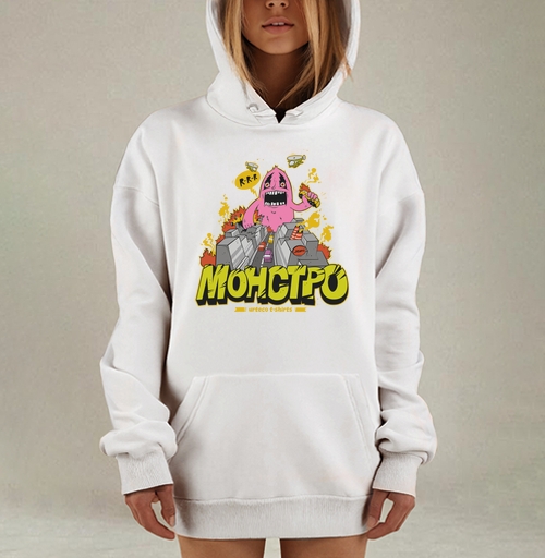 Фотография футболки Энергичный Pink Monster / Розовый монстр рушит серый город и мегаполис в огне