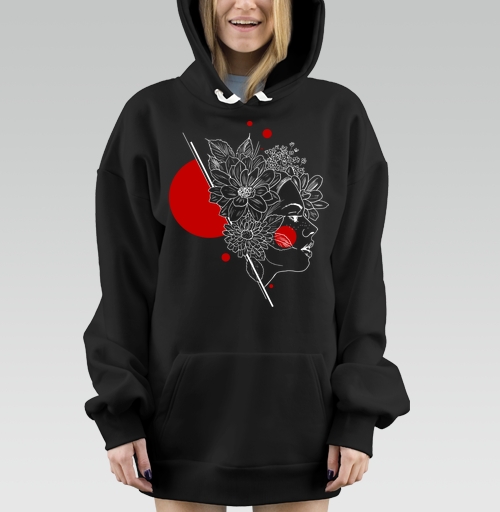 Фотография футболки Женское лицо с цветами и красными кругами красными кругами