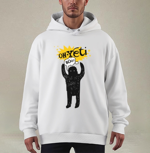 Фотография футболки Забавный йети с поднятыми руками и надписью oh Yeti