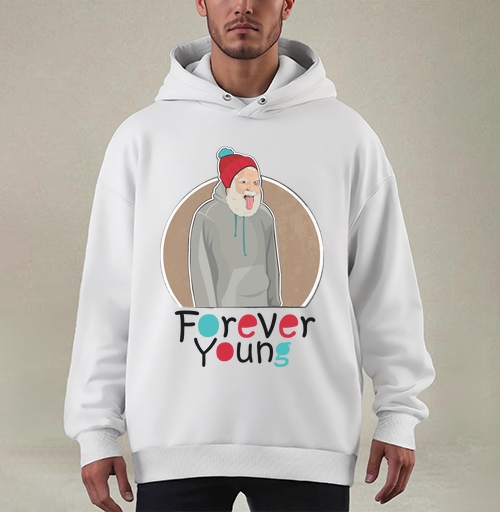 Фотография футболки Веселый старик Forever Young с яркой шапкой