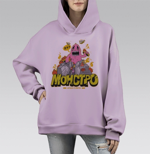 Фотография футболки Энергичный Pink Monster / Розовый монстр рушит серый город и мегаполис в огне