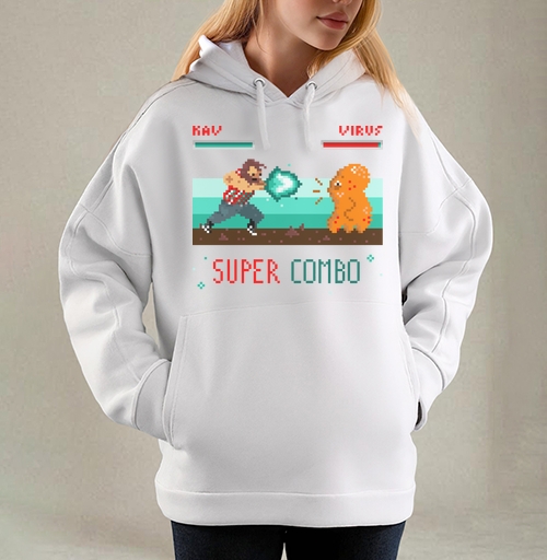 Фотография футболки Энергичная битва в пиксель-арт стиле с SUPER COMBO