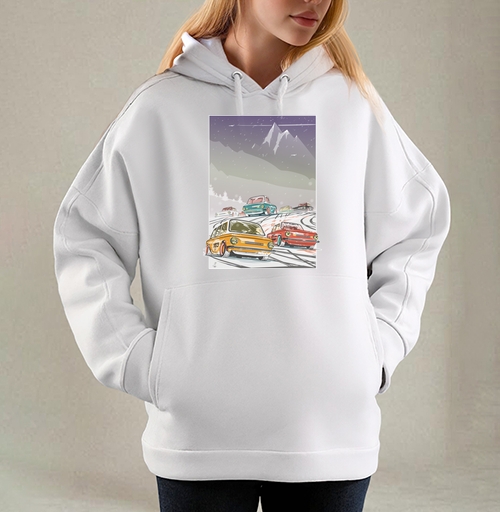 Фотография футболки Красочная захватывающая горная автомобильная Зимняя гонка ретро