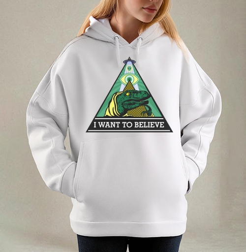 Фотография футболки Велоцираптор Иллюминат с Надписью I WANT TO BELIEVE