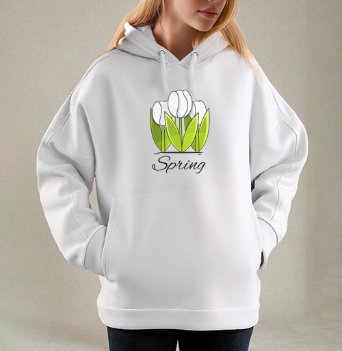 Фотография футболки Белые тюльпаны и зелёные листья весна надпись Spring