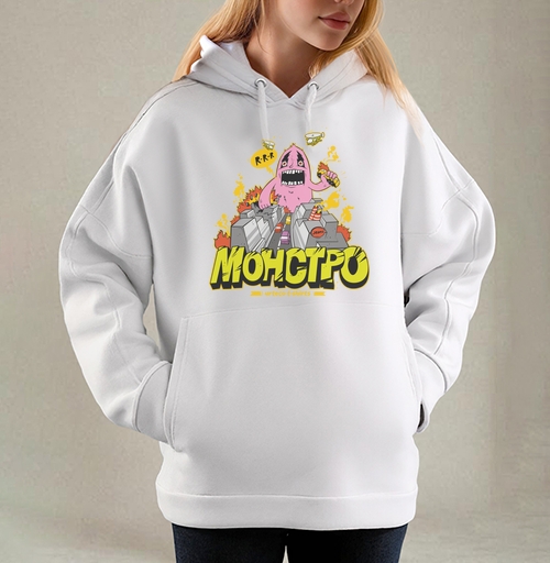 Фотография футболки Энергичный Pink Monster / Розовый монстр рушит серый город и мегаполис в огне