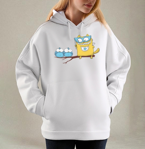 Фотография футболки Yellow Superhero Cat / Желтый супергерой кот угрожает маленьким синим птичкам