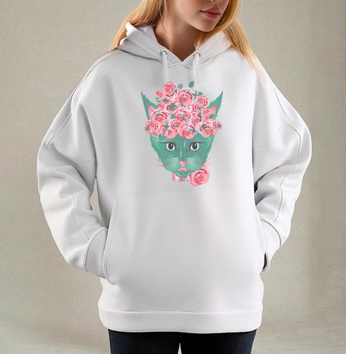 Фотография футболки Кошка с кустом роз и стайкой стрекоз